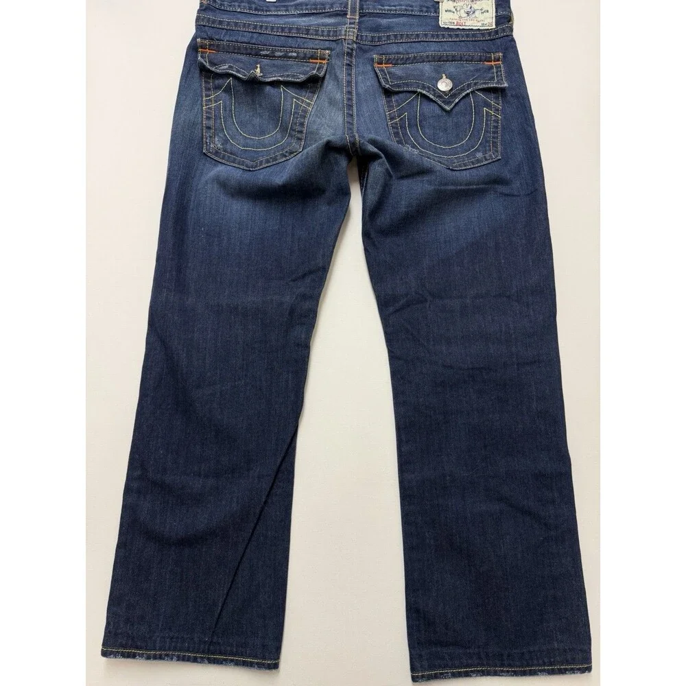 True Religion Ricky Jeans Mens 38x32 Blue Relaxed Straight Zip Fly Stretch Flap